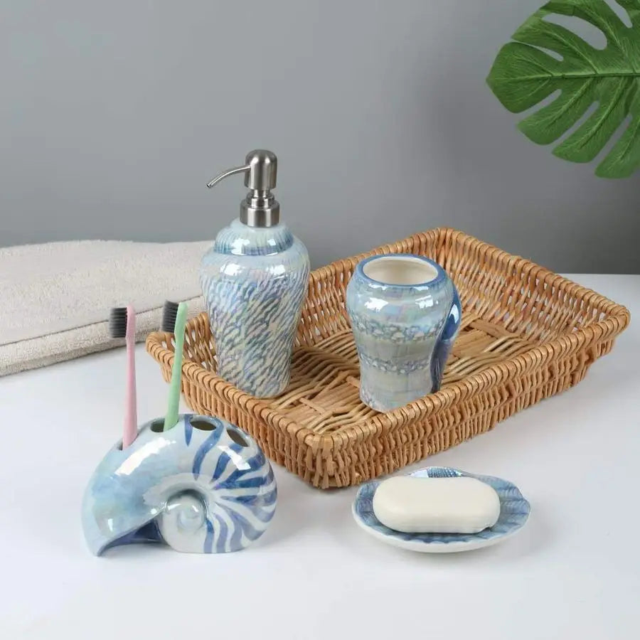 Ocean Conch Sea Shell Ceramic Bathroom Accessories Set of 4,1 Gargle Cups 1 Toothbrush Holders 1 Soap Dishes 1 Soap Dispenser Bl