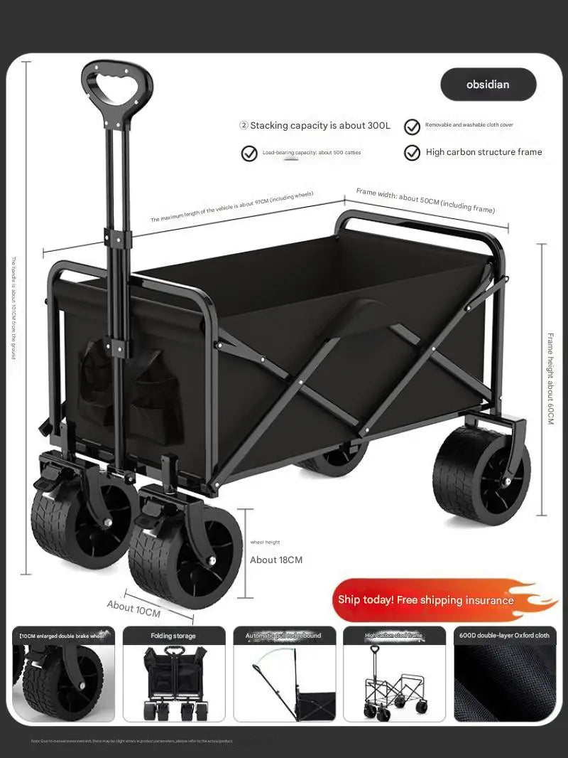 Foldable Multi-Function Beach Cart Heavy Duty Large Capacity Folding Cart Outdoor Trolley Portable Camper