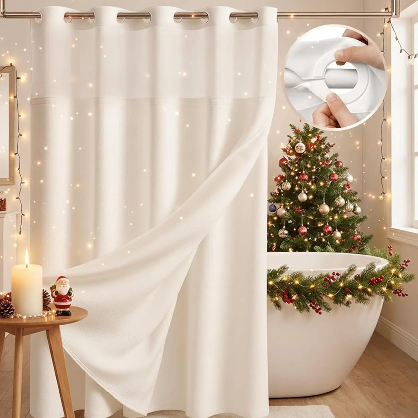 Hookless Shower Curtain with Snap-in Liner, Waffle Weave Fabric, Clear Window, 72x74 Inch - White for Kids