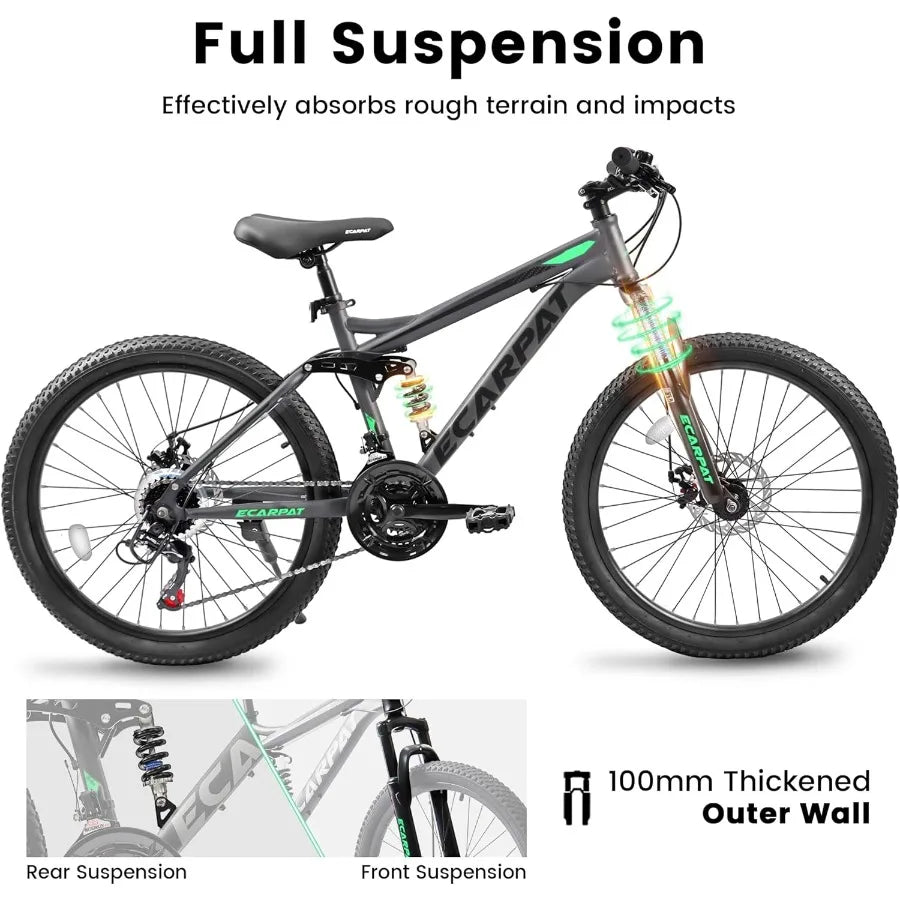 24 26 27.5 Inch Mountain Bike Full Front Suspension 21 Speed Mountain Bicycle with Dual Disc Brakes HighCarbon Steel Frame Trai