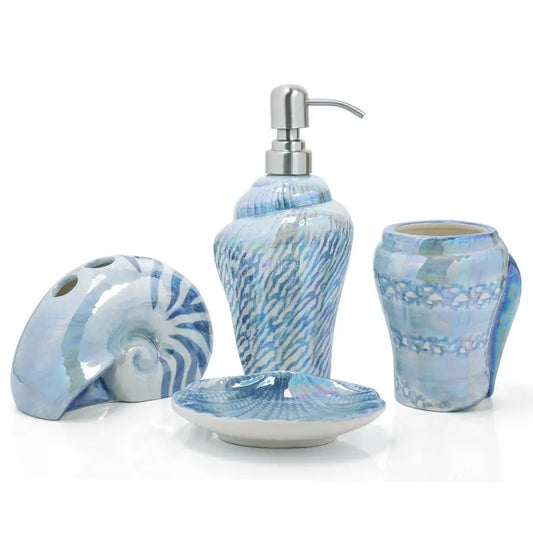 Ocean Conch Sea Shell Ceramic Bathroom Accessories Set of 4,1 Gargle Cups 1 Toothbrush Holders 1 Soap Dishes 1 Soap Dispenser Bl