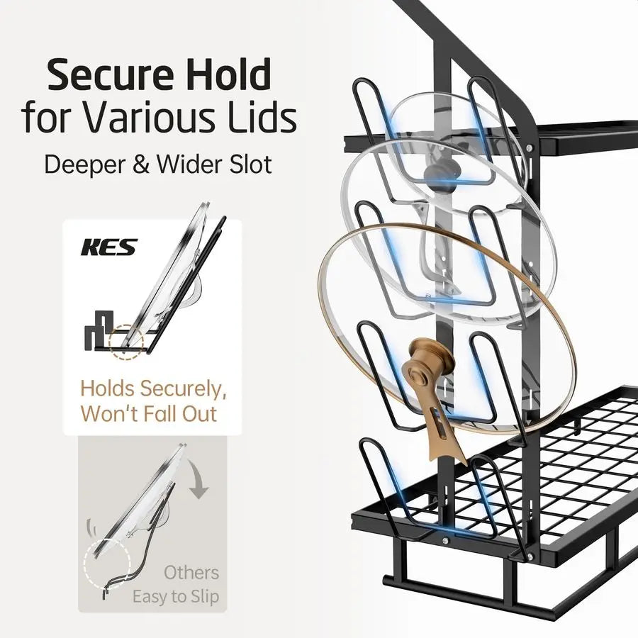 30Inch Pot Rack Wall Mounted with 8 Secure Lid Holders amp 12 Sturdy Hooks, 2Tier Kitchen Hanging Pot and Pan Organizer, Ample S