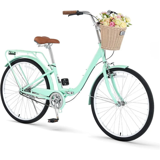 Beach Cruiser Bike 24 26 inch Commuter Folding Bicycle for Adult Men and Women 7Speed HighCarbon Steel Front Rear Fenders City