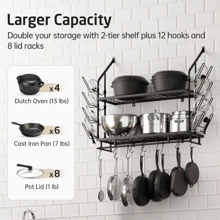 30Inch Pot Rack Wall Mounted with 8 Secure Lid Holders amp 12 Sturdy Hooks, 2Tier Kitchen Hanging Pot and Pan Organizer, Ample S