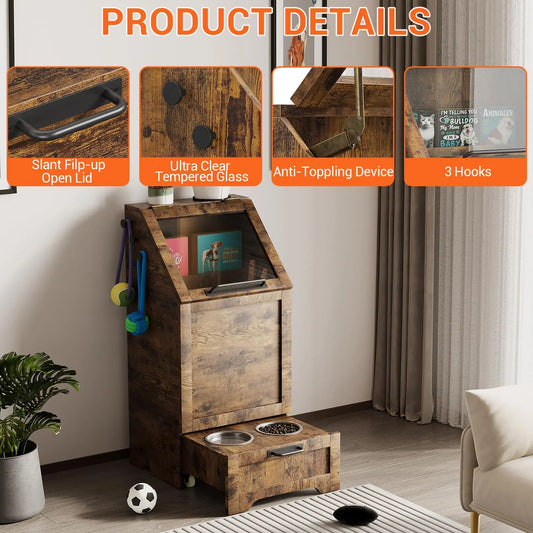 Large Dog Food Storage Cabinet with Flip Top - Pet Feeding Station & Organizer w/Transparent Lid, Side Hooks for Leashes - Multi