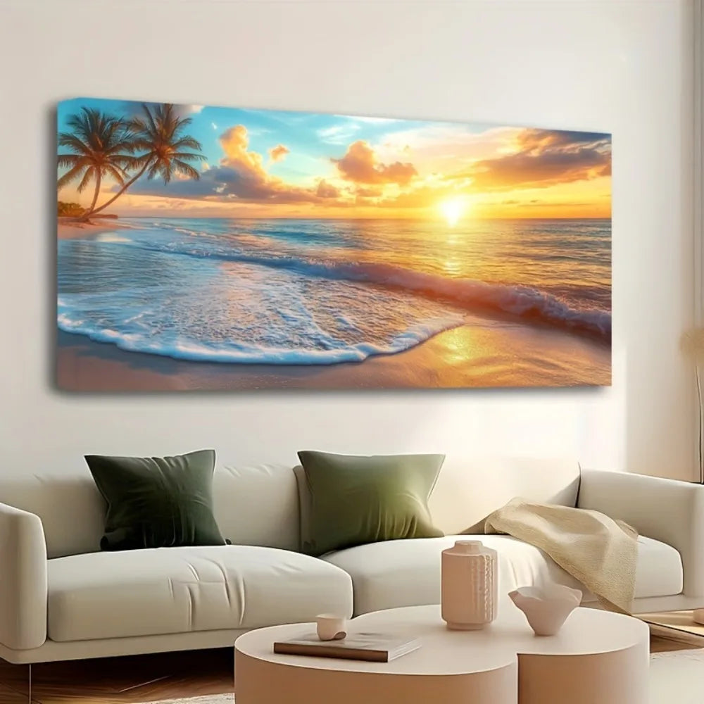 1.5 inch thick pine solid wood frame, natural scenery canvas mural, ocean sunset coast scenery beach picture wall decoration