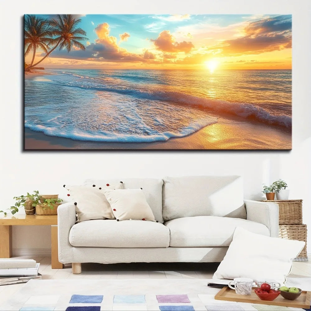 1.5 inch thick pine solid wood frame, natural scenery canvas mural, ocean sunset coast scenery beach picture wall decoration