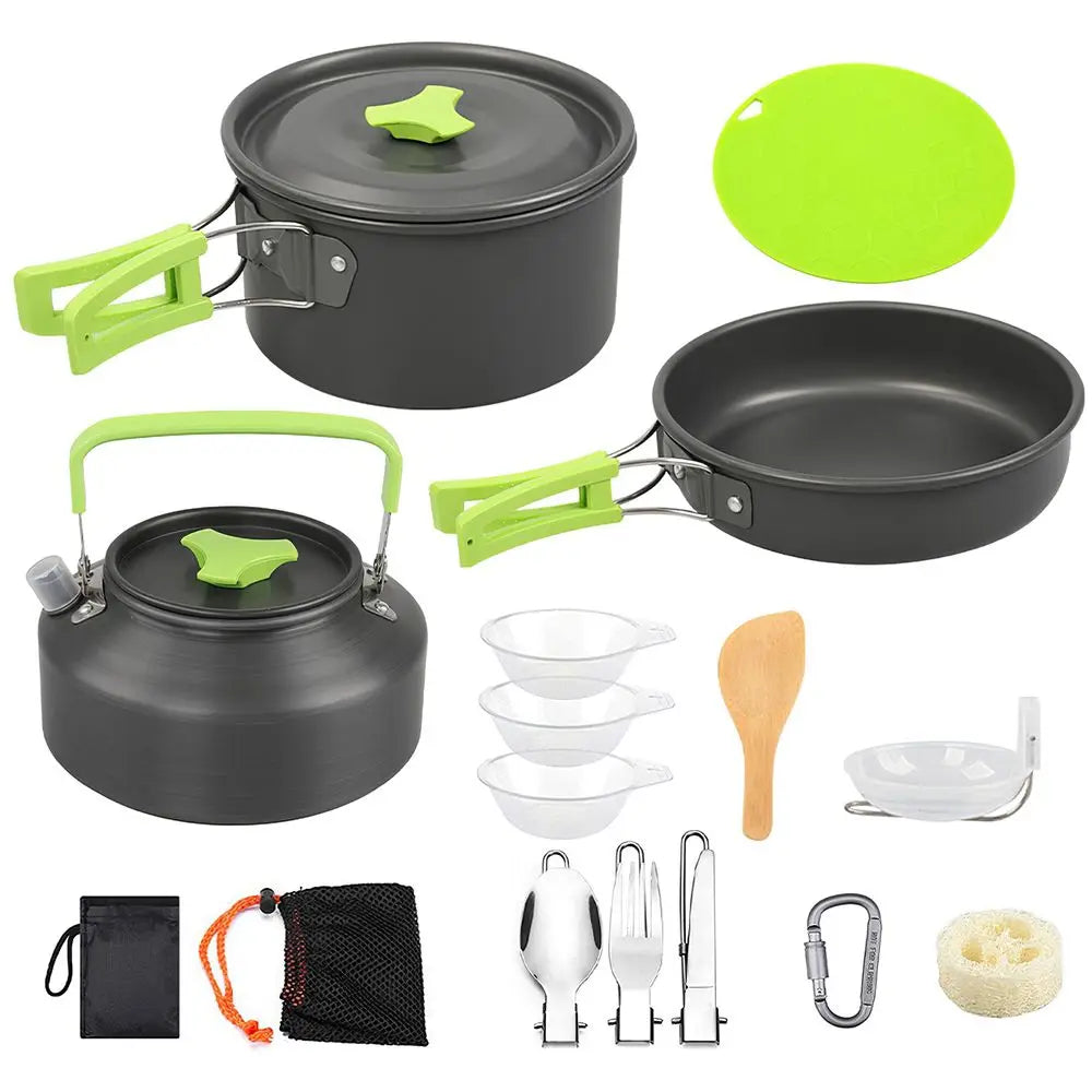 16Pcs Camping Cooking Ware Set Camping Stove Cookware Kit Aluminum Pot Pan Kettle Set with Bowls Knife Fork Spoon Carabiner Spat