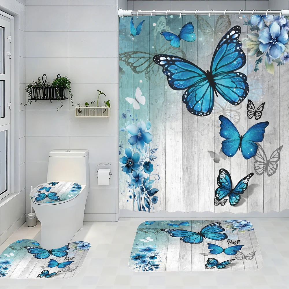 Blue Butterfly Bathroom Four-piece Set - Avant-garde Waterproof Shower Curtain, creating a complete bathroom kit