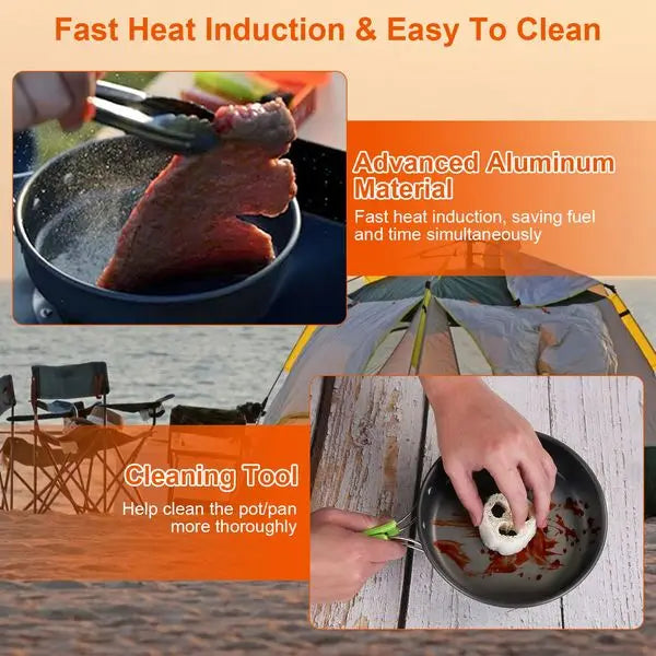 16Pcs Camping Cooking Ware Set Camping Stove Cookware Kit Aluminum Pot Pan Kettle Set with Bowls Knife Fork Spoon Carabiner Spat