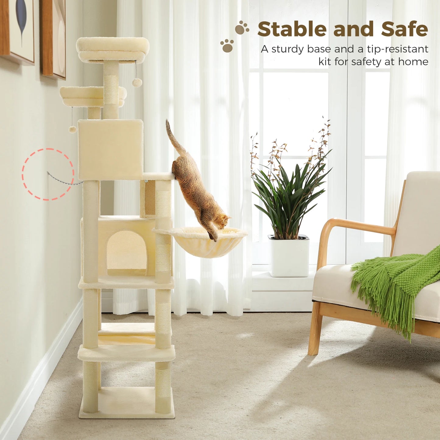 Multi-Level Tall Cat Tree for Indoor Large Cat Tower with Spacious Condo House Sisal Scratching Posts Plush Big Hammock Cat Toys
