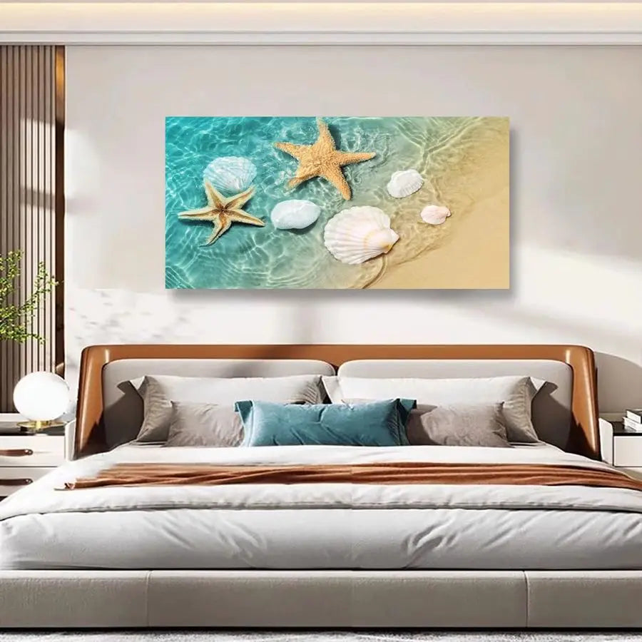 Canvas Wall Art Bedroom Wall Decor Living Room,Ocean Wall Art Office Kitchen Paintings Artwork Modern Starfish Shell Sea Wave Pi