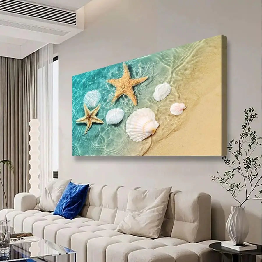 Canvas Wall Art Bedroom Wall Decor Living Room,Ocean Wall Art Office Kitchen Paintings Artwork Modern Starfish Shell Sea Wave Pi