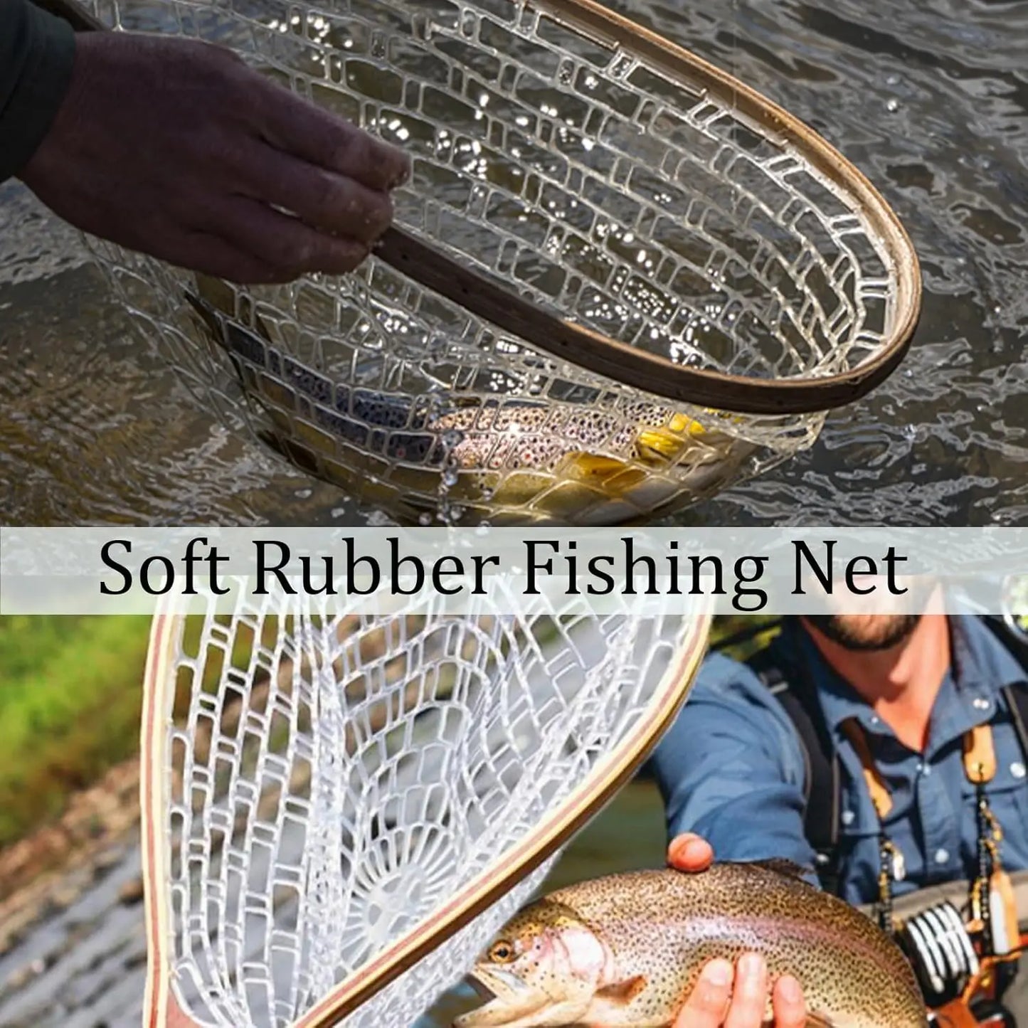 Fishing Net for Trout, Fly Fishing Net with Soft Rubber Mesh, Wooden Handle for Freshwater  Saltwater Fishing, Catch and Release