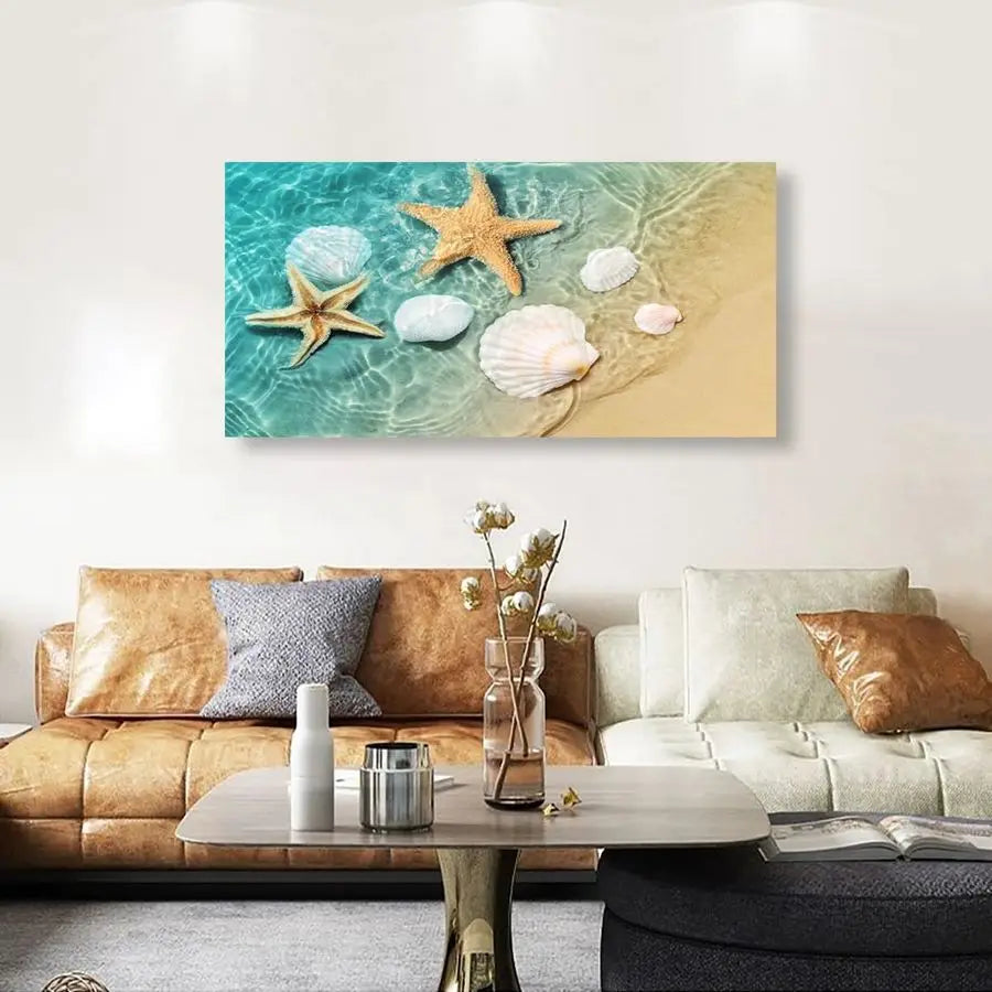 Canvas Wall Art Bedroom Wall Decor Living Room,Ocean Wall Art Office Kitchen Paintings Artwork Modern Starfish Shell Sea Wave Pi