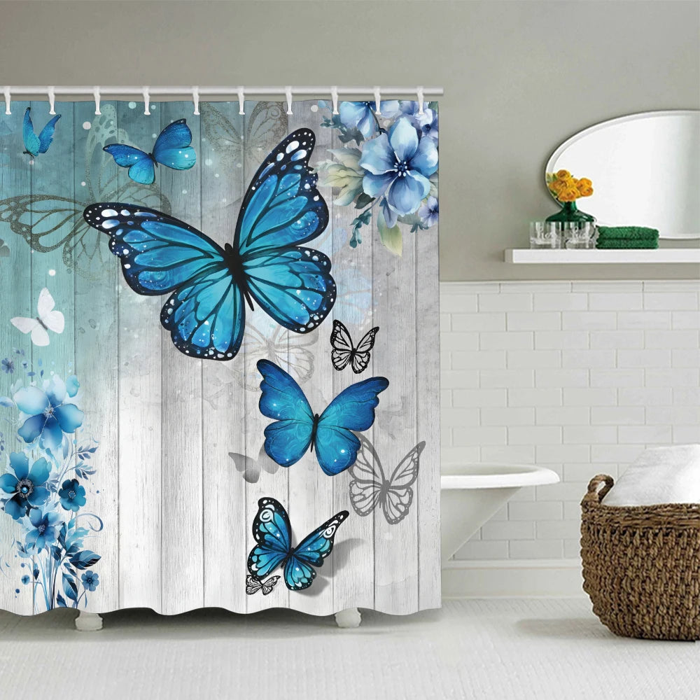 Blue Butterfly Bathroom Four-piece Set - Avant-garde Waterproof Shower Curtain, creating a complete bathroom kit