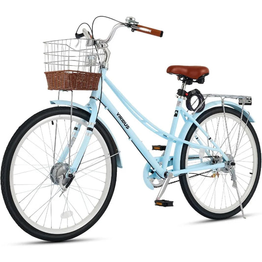 Beach Cruiser Bike for Women Step Through Bike with Ratten Basket Rack Lock 24 26 inch 1 Speed City Commuter Cruiser Bike Adult