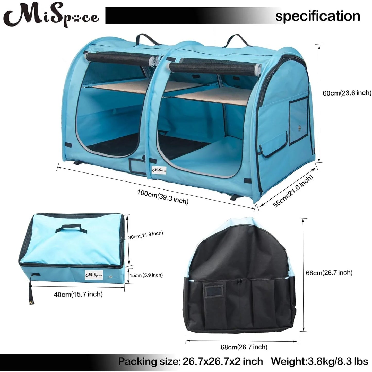 Portable Twin Compartment Cat Cage, Foldable Kennel with Hammocks & Mats, Carry Bag