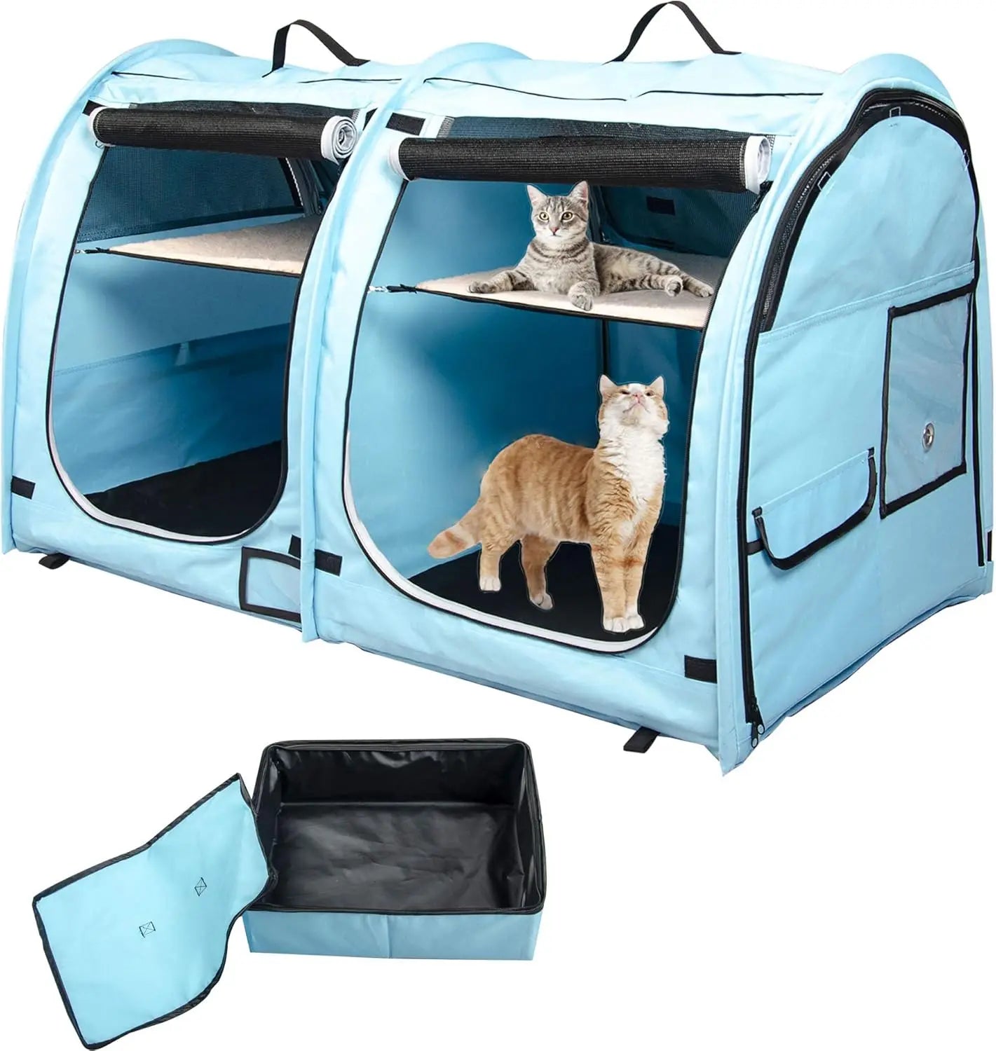 Portable Twin Compartment Cat Cage, Foldable Kennel with Hammocks & Mats, Carry Bag