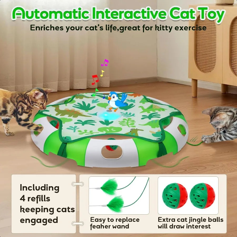 Cat Toys for Indoor Cats Interactive Automatic Hide and Seek Toy Moving Concealed Feathers Wand Teaser Bird Chirping Squeaky To