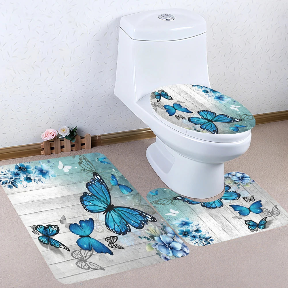 Blue Butterfly Bathroom Four-piece Set - Avant-garde Waterproof Shower Curtain, creating a complete bathroom kit