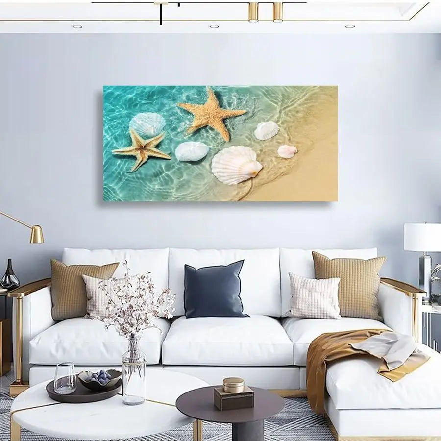 Canvas Wall Art Bedroom Wall Decor Living Room,Ocean Wall Art Office Kitchen Paintings Artwork Modern Starfish Shell Sea Wave Pi