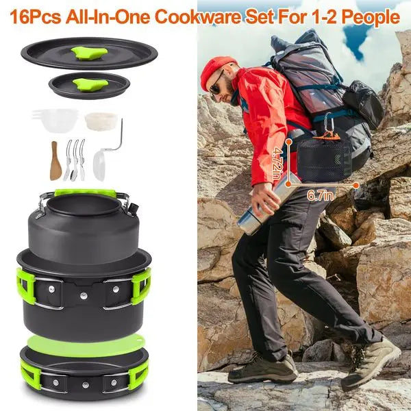 16Pcs Camping Cooking Ware Set Camping Stove Cookware Kit Aluminum Pot Pan Kettle Set with Bowls Knife Fork Spoon Carabiner Spat