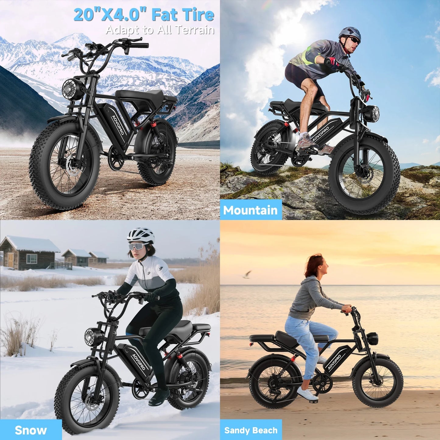 AOVOPRO AP20 Electric Bike 1500W 20" Fat Tire 31mph Top Speed 70 Miles Range for Road Sand Mountain Snow Electric Motorcycle