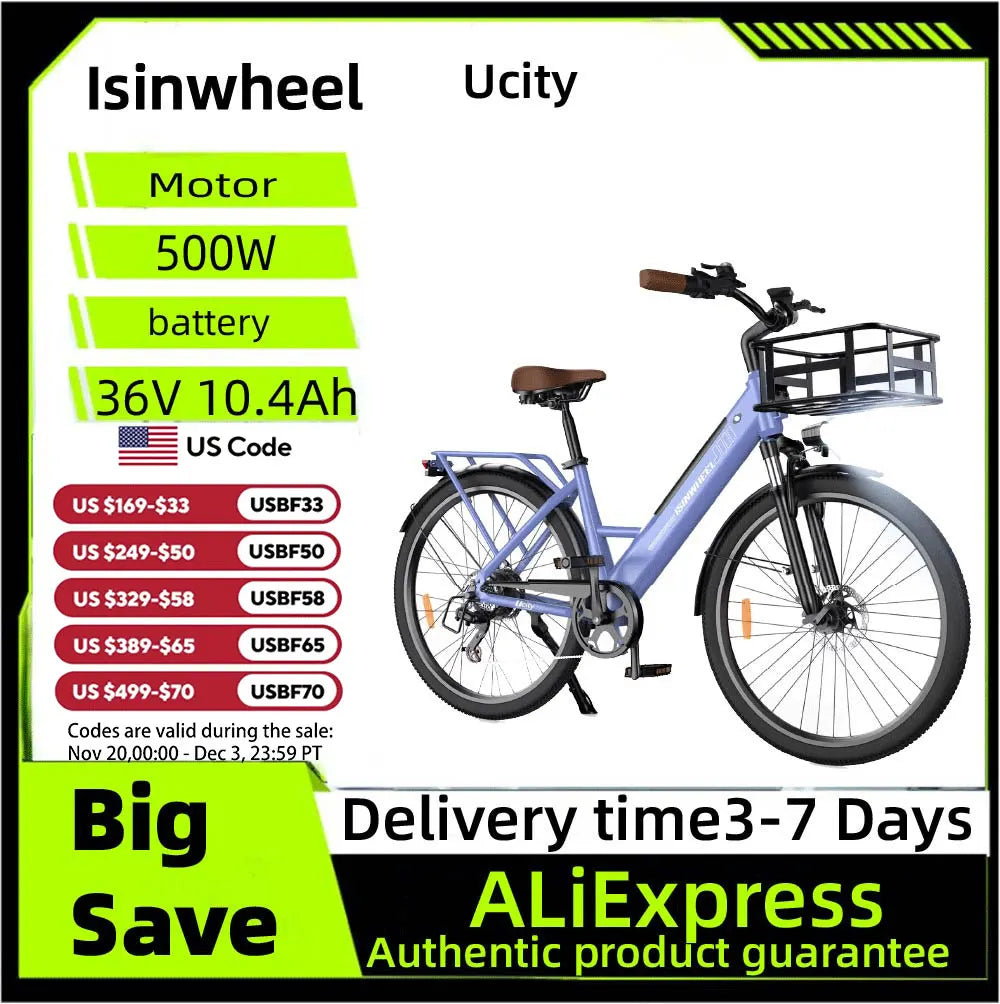 Isinwheel Ucity E-bike For Adult 36V 10.4Ah Battery 500W Motor 26 Inch Tires With front frame City Electric bicycle