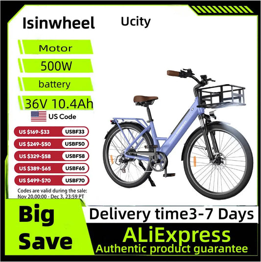 Isinwheel Ucity E-bike For Adult 36V 10.4Ah Battery 500W Motor 26 Inch Tires With front frame City Electric bicycle